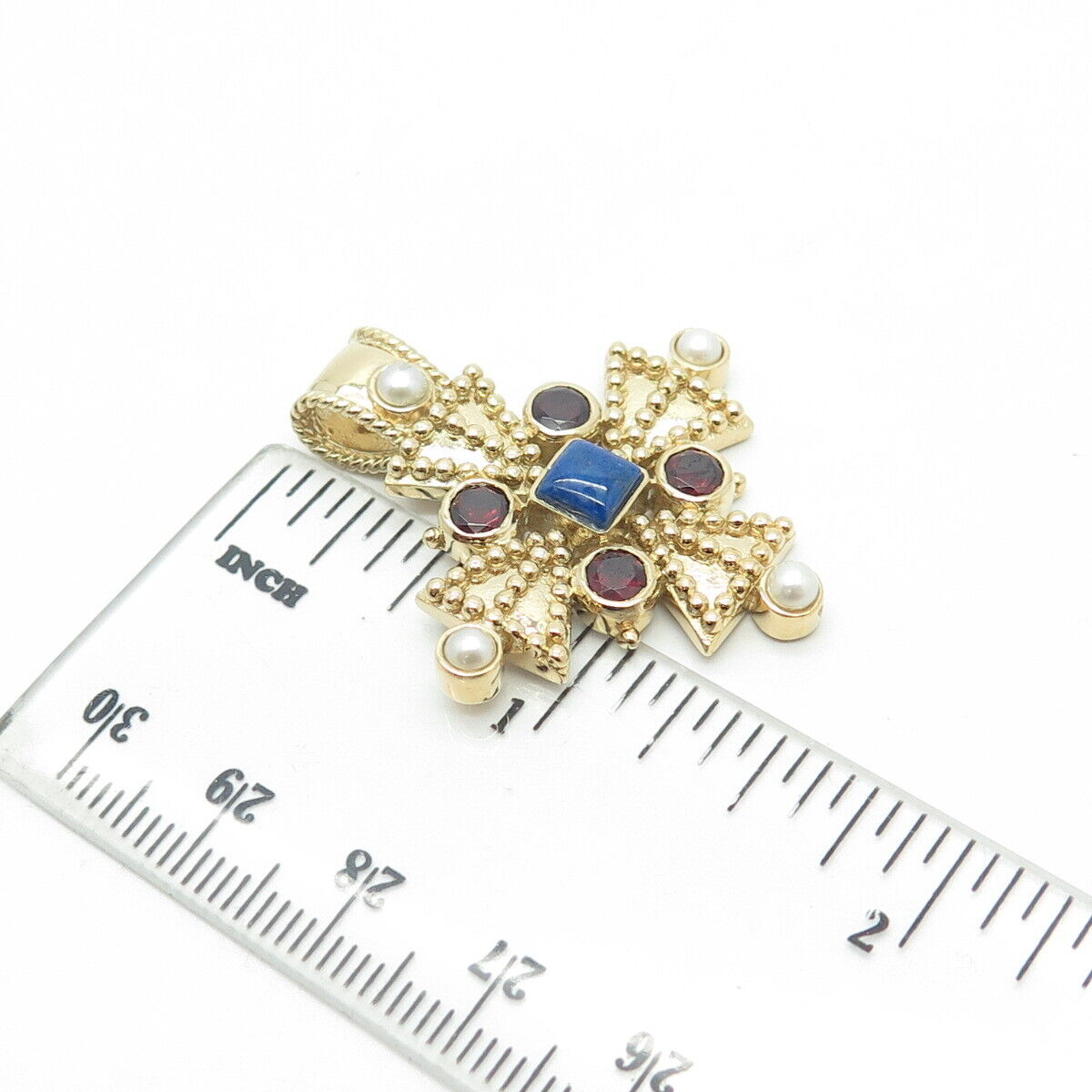 AIL ALUMA Sterling Silver Gold Plated Real Pearl Garnet & Lapis Cross Pendant