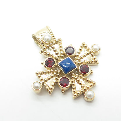 AIL ALUMA Sterling Silver Gold Plated Real Pearl Garnet & Lapis Cross Pendant