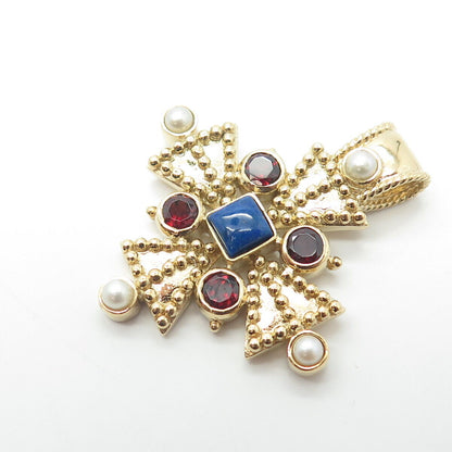 AIL ALUMA Sterling Silver Gold Plated Real Pearl Garnet & Lapis Cross Pendant