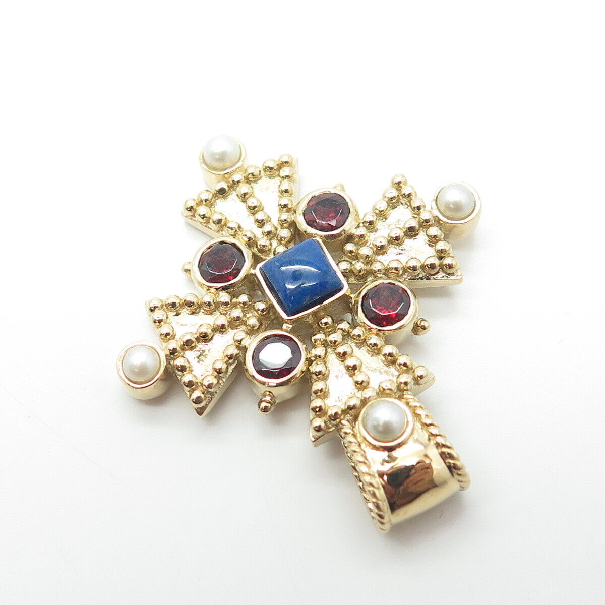 AIL ALUMA Sterling Silver Gold Plated Real Pearl Garnet & Lapis Cross Pendant