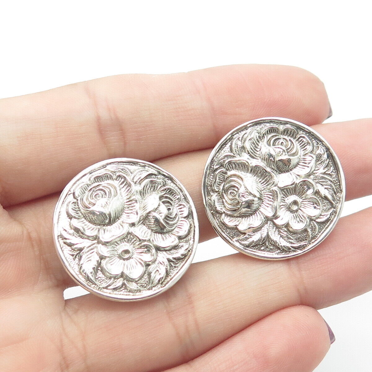 925 Sterling Silver Antique Art Deco Rose Blossom Repousse Clip On Earrings