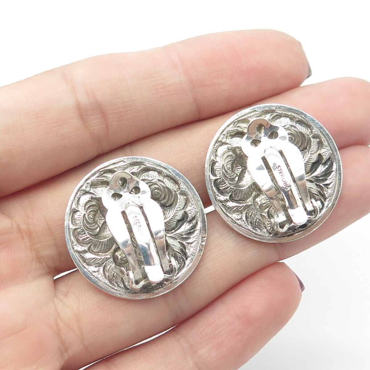 925 Sterling Silver Antique Art Deco Rose Blossom Repousse Clip On Earrings