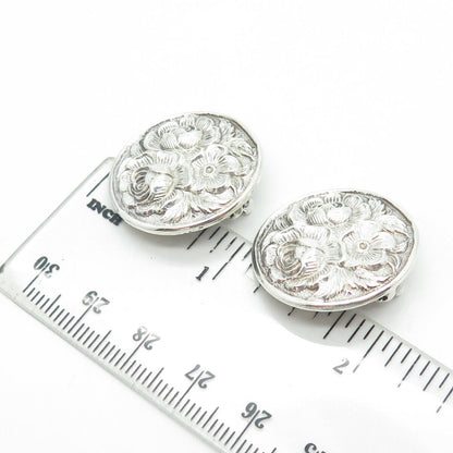 925 Sterling Silver Antique Art Deco Rose Blossom Repousse Clip On Earrings