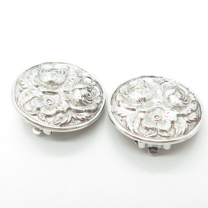 925 Sterling Silver Antique Art Deco Rose Blossom Repousse Clip On Earrings