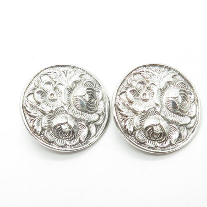 925 Sterling Silver Antique Art Deco Rose Blossom Repousse Clip On Earrings