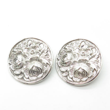 925 Sterling Silver Antique Art Deco Rose Blossom Repousse Clip On Earrings