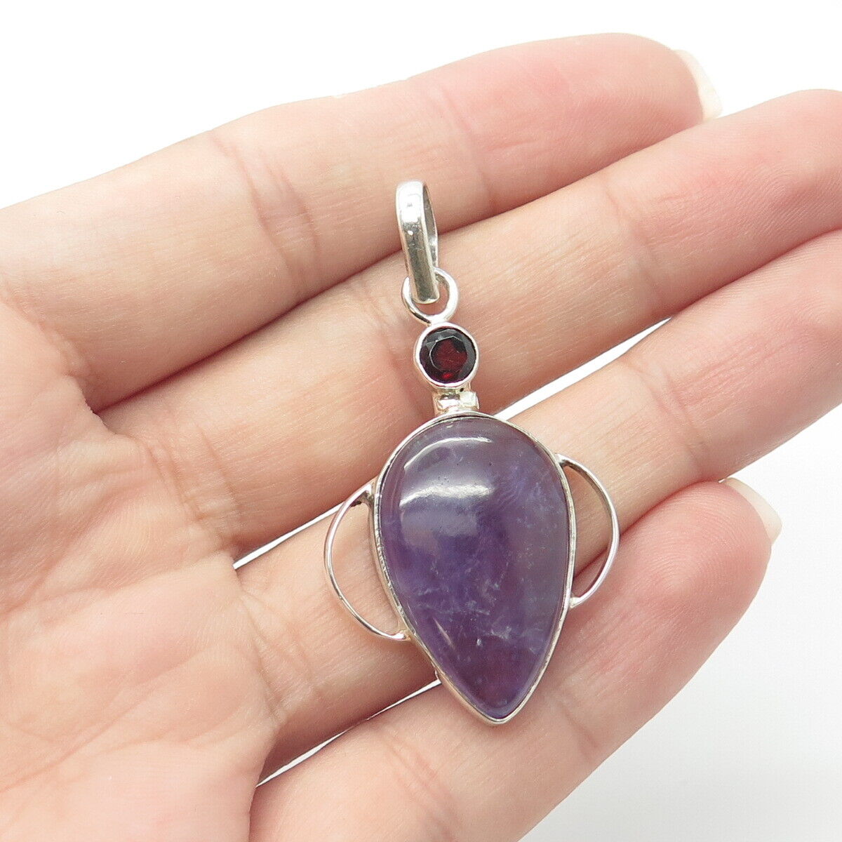 925 Sterling Silver Vintage Real Amethyst & Red Garnet Gemstone Pendant