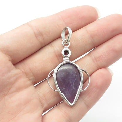 925 Sterling Silver Vintage Real Amethyst & Red Garnet Gemstone Pendant