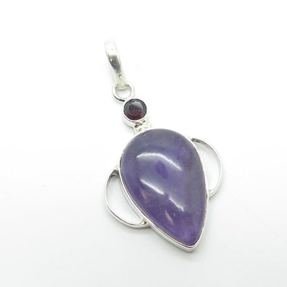 925 Sterling Silver Vintage Real Amethyst & Red Garnet Gemstone Pendant