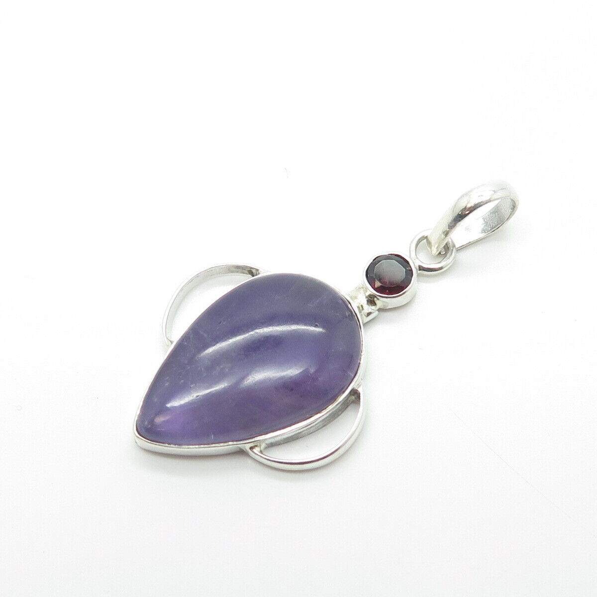 925 Sterling Silver Vintage Real Amethyst & Red Garnet Gemstone Pendant