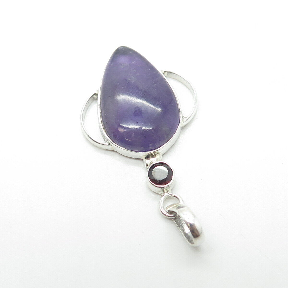 925 Sterling Silver Vintage Real Amethyst & Red Garnet Gemstone Pendant