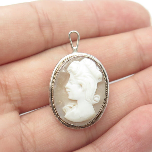 800 Silver & Gold Antique Victorian Carved Mother of Pearl Cameo Pin Pendant