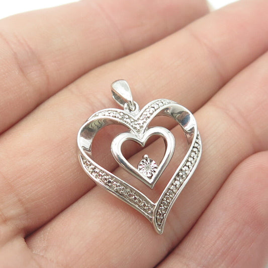 925 Sterling Silver Real Round-Cut White Diamond Ribbon Heart Pendant