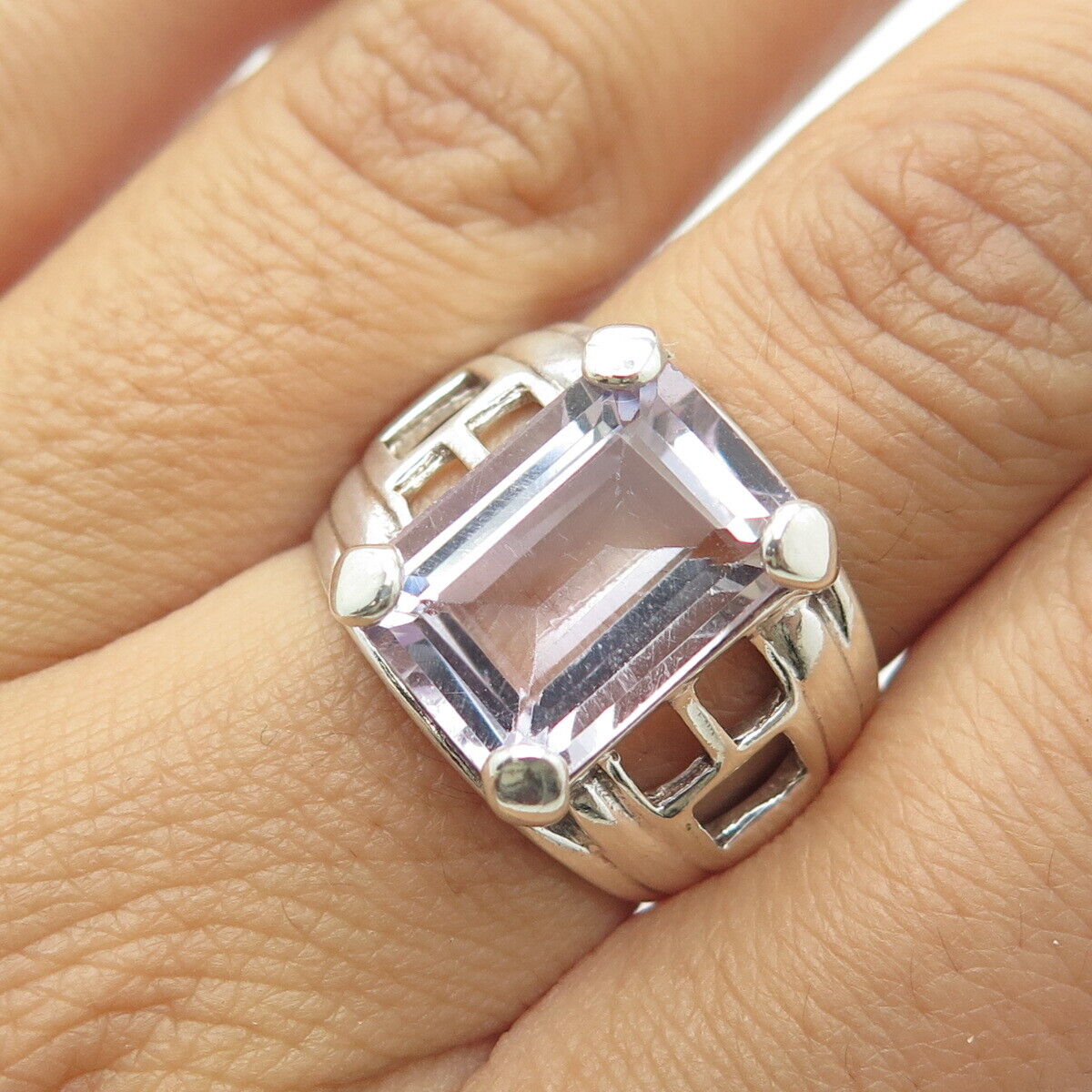 925 Sterling Silver Vintage Real Emerald-Cut Amethyst Statement Ring Size 7.25