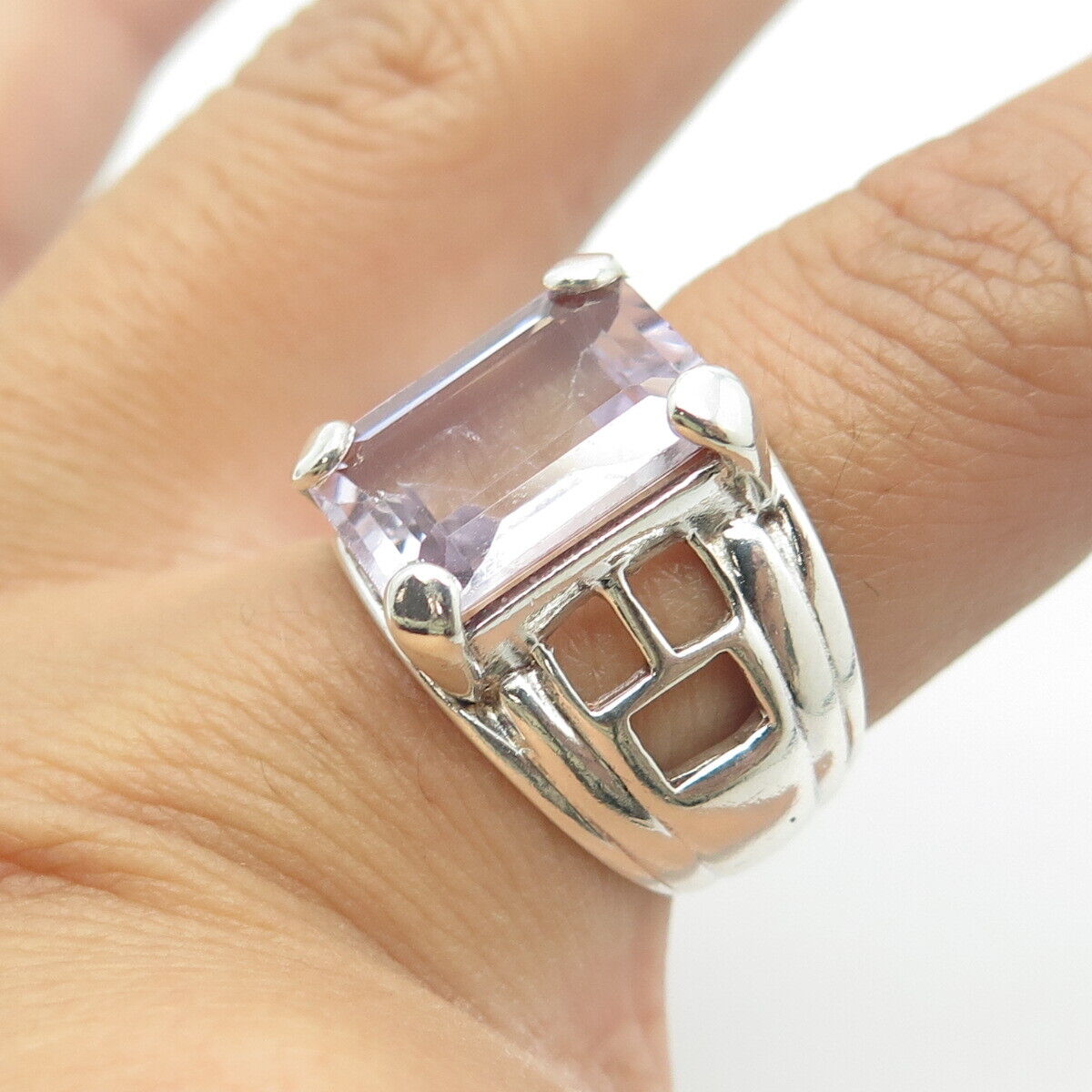 925 Sterling Silver Vintage Real Emerald-Cut Amethyst Statement Ring Size 7.25