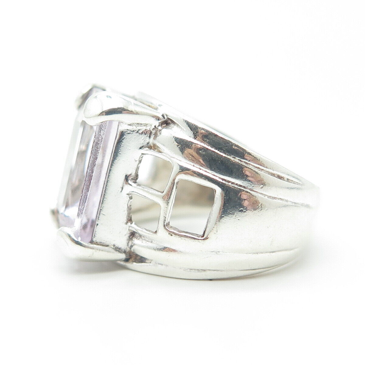 925 Sterling Silver Vintage Real Emerald-Cut Amethyst Statement Ring Size 7.25