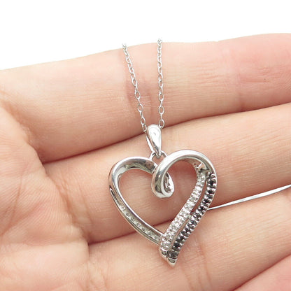 925 Sterling Silver Real Round-Cut Black & White Diamond Heart Necklace 20"