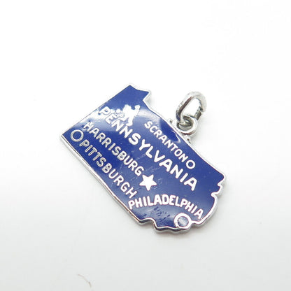 WELLS 925 Sterling Silver Vintage Enamel Pennsylvania Keystone State Map Pendant