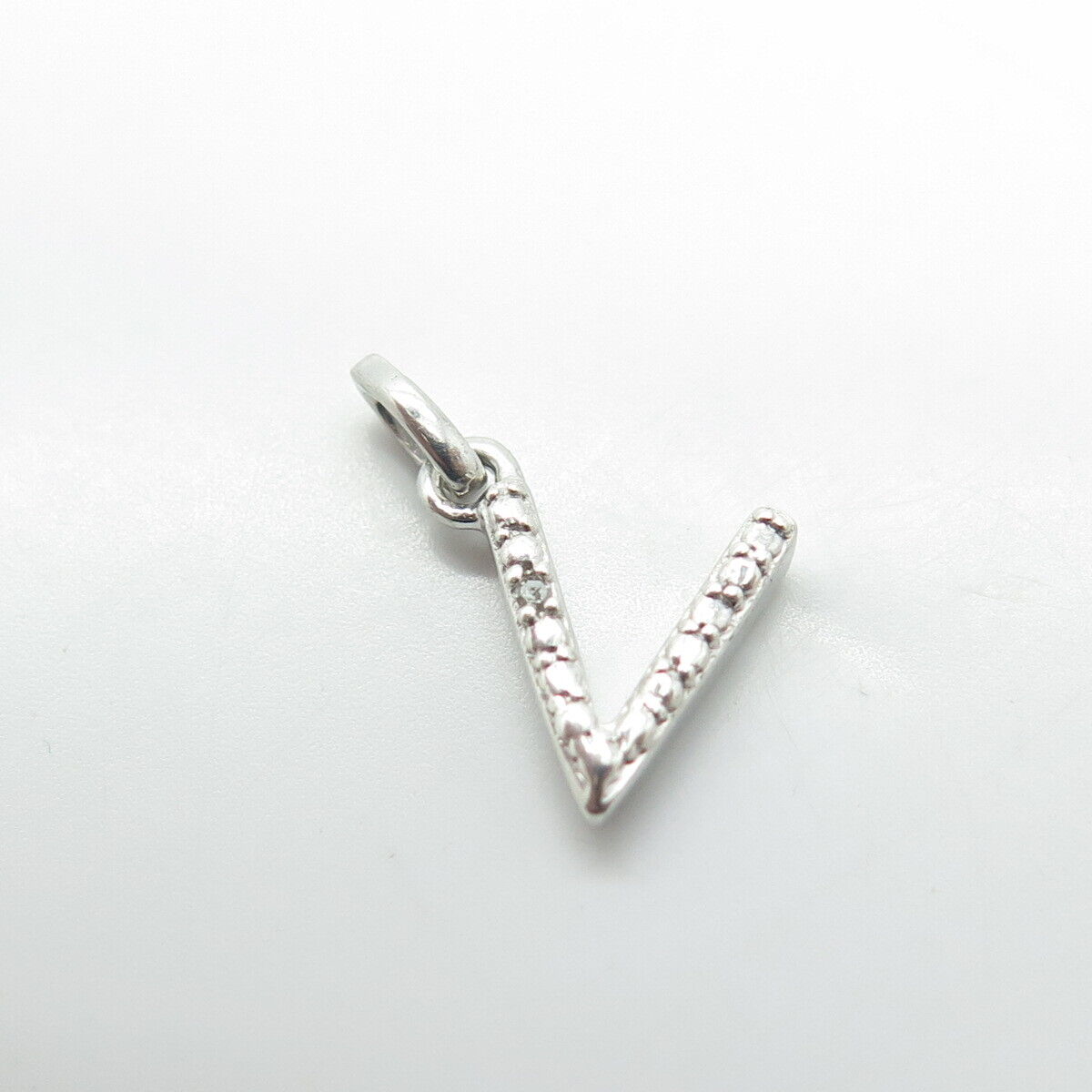 925 Sterling Silver Vintage Real White Diamond Letter "V" Initial Charm Pendant