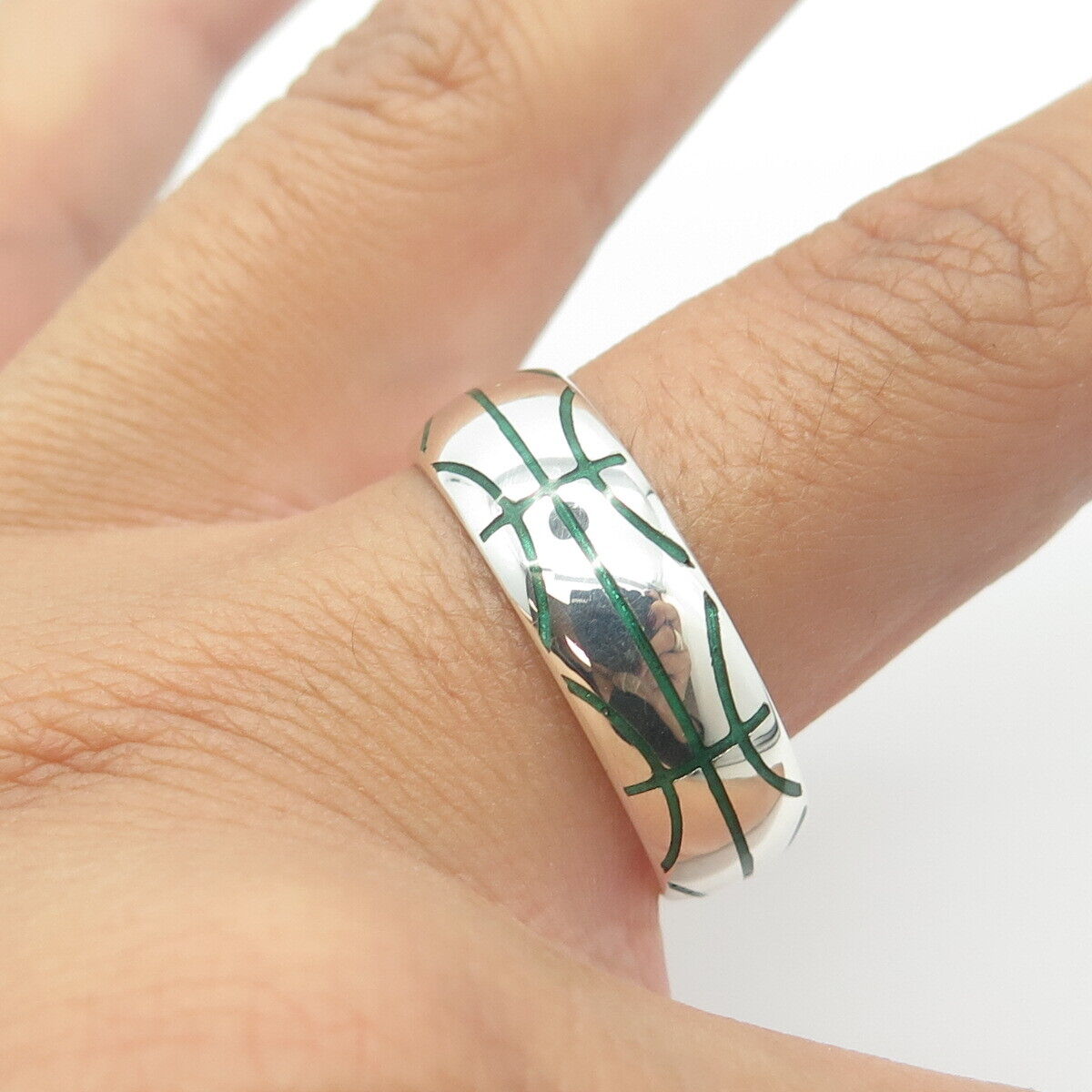 925 Sterling Silver Vintage Green Enamel Tribal Band Ring Size 12.25