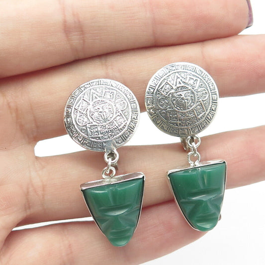 925 Sterling Silver Vintage Mexico Green Onyx Gem Aztec Calendar Earrings