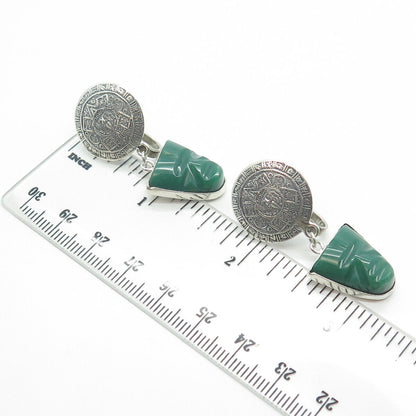 925 Sterling Silver Vintage Mexico Green Onyx Gem Aztec Calendar Earrings