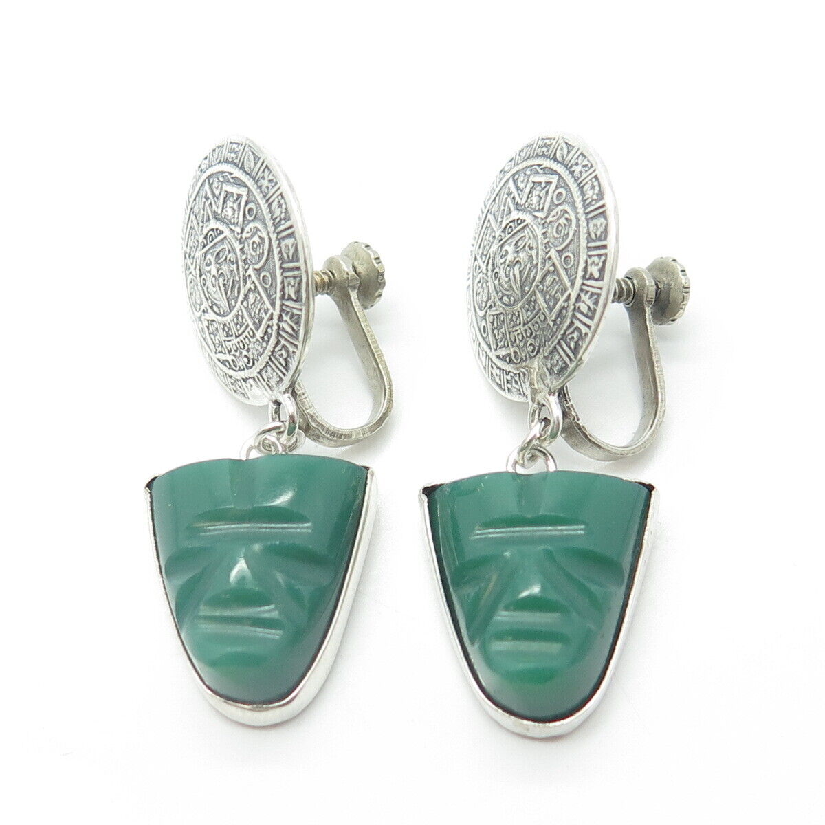 925 Sterling Silver Vintage Mexico Green Onyx Gem Aztec Calendar Earrings