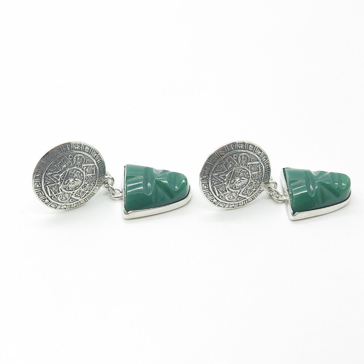 925 Sterling Silver Vintage Mexico Green Onyx Gem Aztec Calendar Earrings