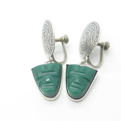 925 Sterling Silver Vintage Mexico Green Onyx Gem Aztec Calendar Earrings