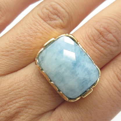 925 Sterling Silver Gold Plated Real Milky Aquamarine Gemstone Ring Size 7.25