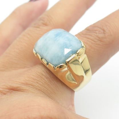 925 Sterling Silver Gold Plated Real Milky Aquamarine Gemstone Ring Size 7.25