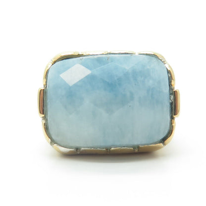 925 Sterling Silver Gold Plated Real Milky Aquamarine Gemstone Ring Size 7.25