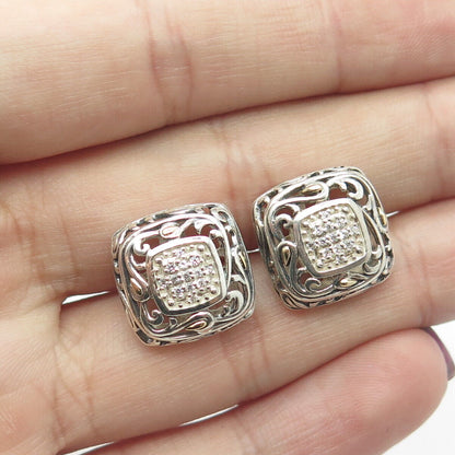 925 Sterling Silver & 14K Yellow Gold White C Z Swirl Square Stud Earrings