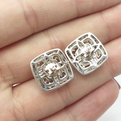 925 Sterling Silver & 14K Yellow Gold White C Z Swirl Square Stud Earrings