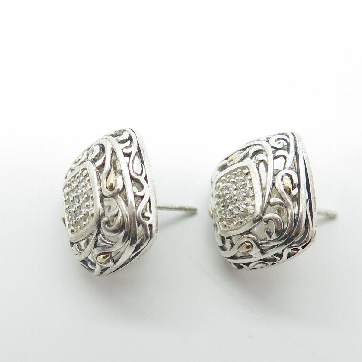 925 Sterling Silver & 14K Yellow Gold White C Z Swirl Square Stud Earrings