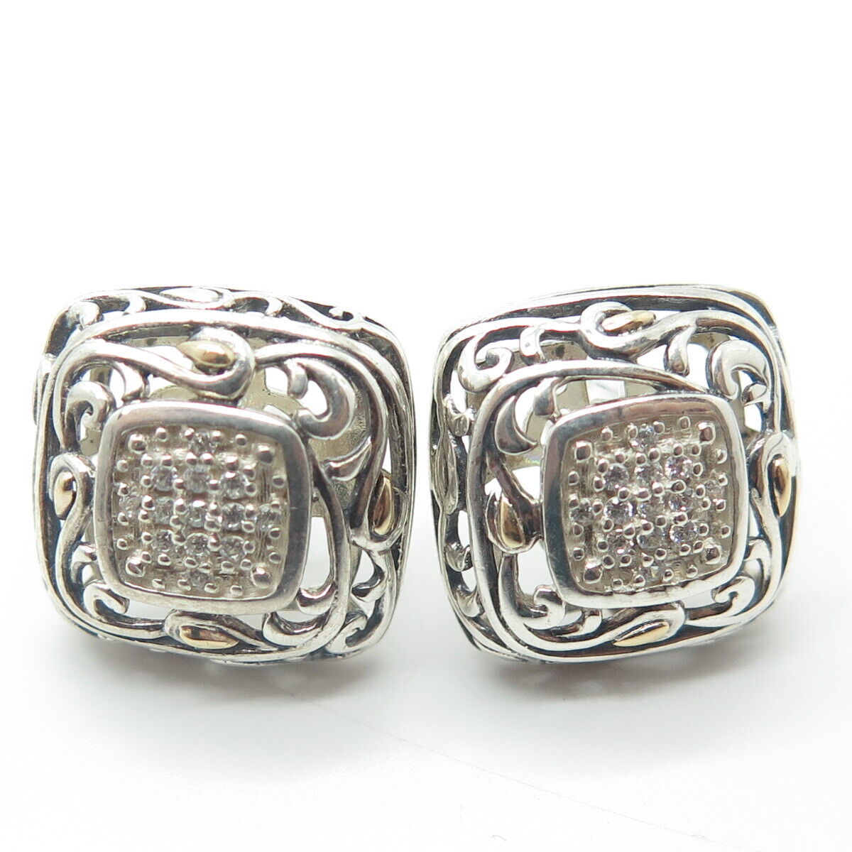 925 Sterling Silver & 14K Yellow Gold White C Z Swirl Square Stud Earrings