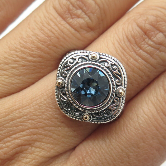 925 Sterling Silver & 14K Gold Vintage Blue Rhinestone Floral Swirl Ring Size 7