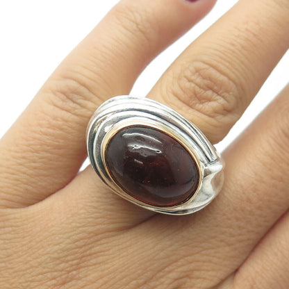 925 Sterling Silver & 18K Gold Vintage France Amber Modernist Ring Size 6.25