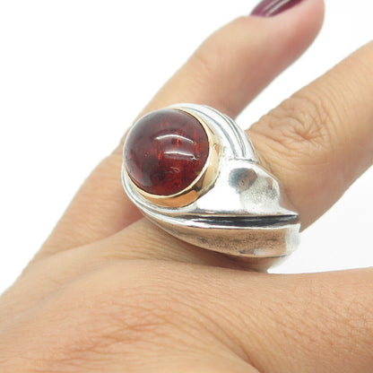 925 Sterling Silver & 18K Gold Vintage France Amber Modernist Ring Size 6.25