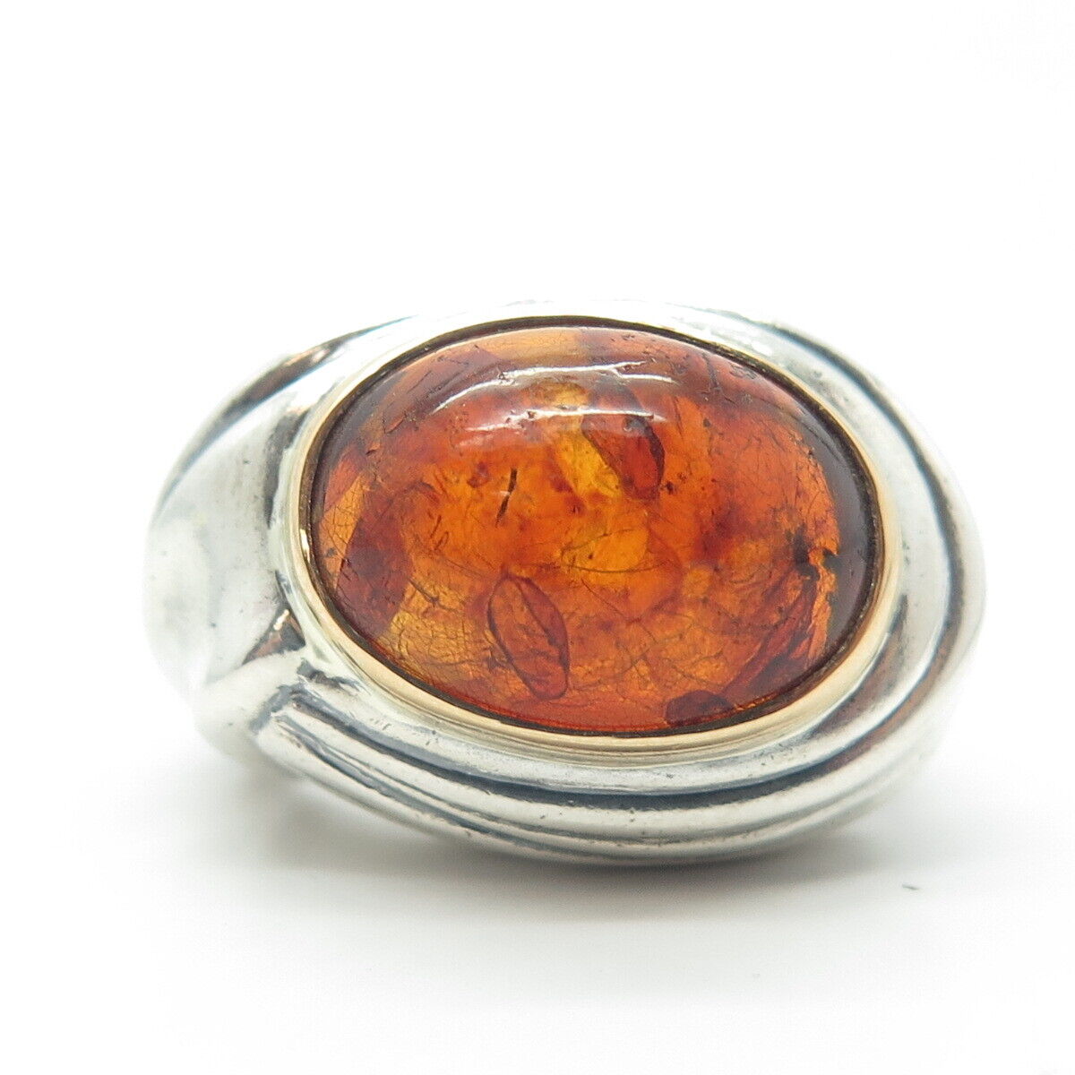 925 Sterling Silver & 18K Gold Vintage France Amber Modernist Ring Size 6.25