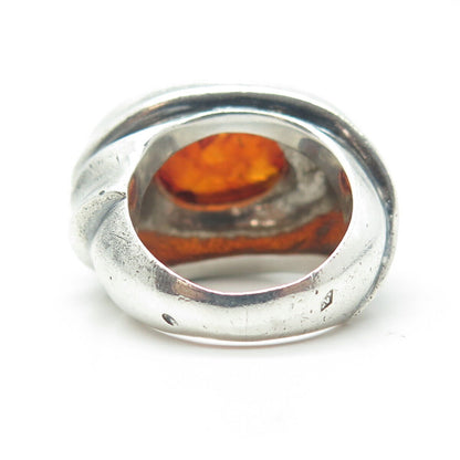 925 Sterling Silver & 18K Gold Vintage France Amber Modernist Ring Size 6.25