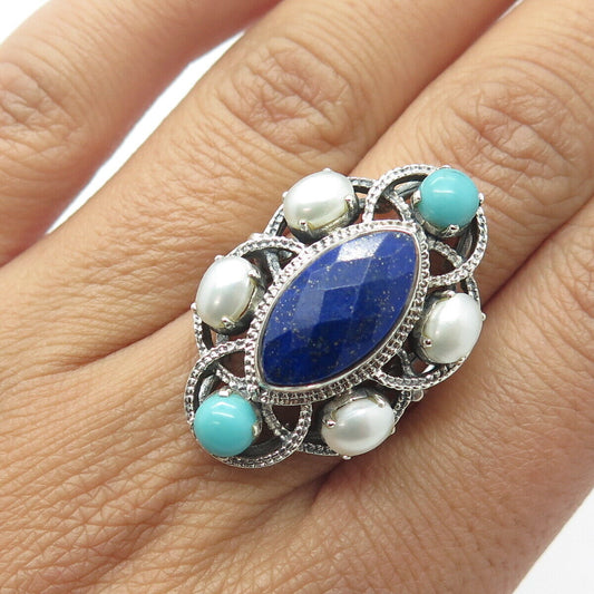 NICKY BUTLER 925 Sterling Silver Vintage Real Lapis Pearl Turquoise Ring Size 9