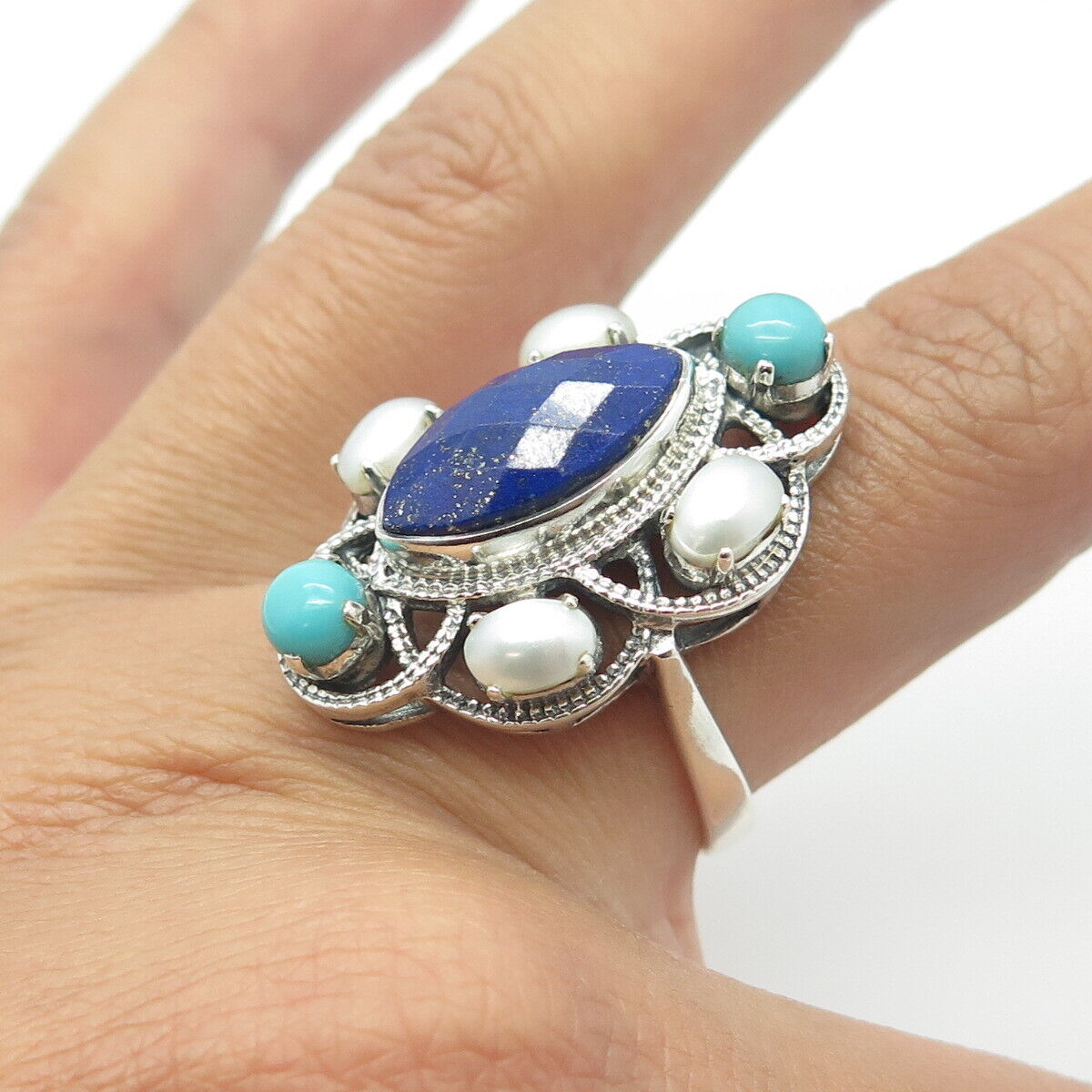 NICKY BUTLER 925 Sterling Silver Vintage Real Lapis Pearl Turquoise Ring Size 9