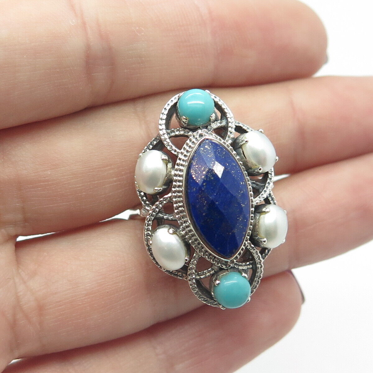 NICKY BUTLER 925 Sterling Silver Vintage Real Lapis Pearl Turquoise Ring Size 9