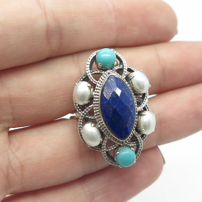 NICKY BUTLER 925 Sterling Silver Vintage Real Lapis Pearl Turquoise Ring Size 9