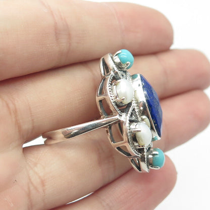 NICKY BUTLER 925 Sterling Silver Vintage Real Lapis Pearl Turquoise Ring Size 9