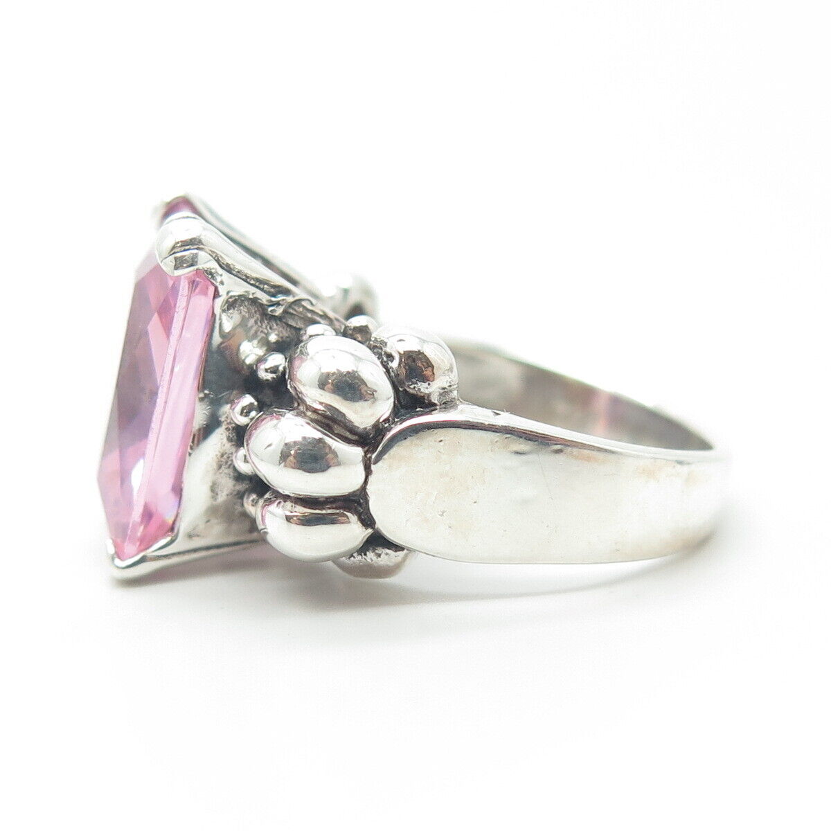 925 Sterling Silver Vintage Radiant-Cut Pink C Z Oxidized Ring Size 7