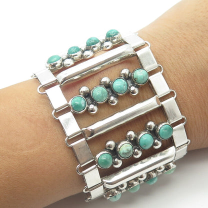 925 Sterling Silver Vintage Mexico Turquoise Gem Panel Link Heavy Bracelet 7.5"