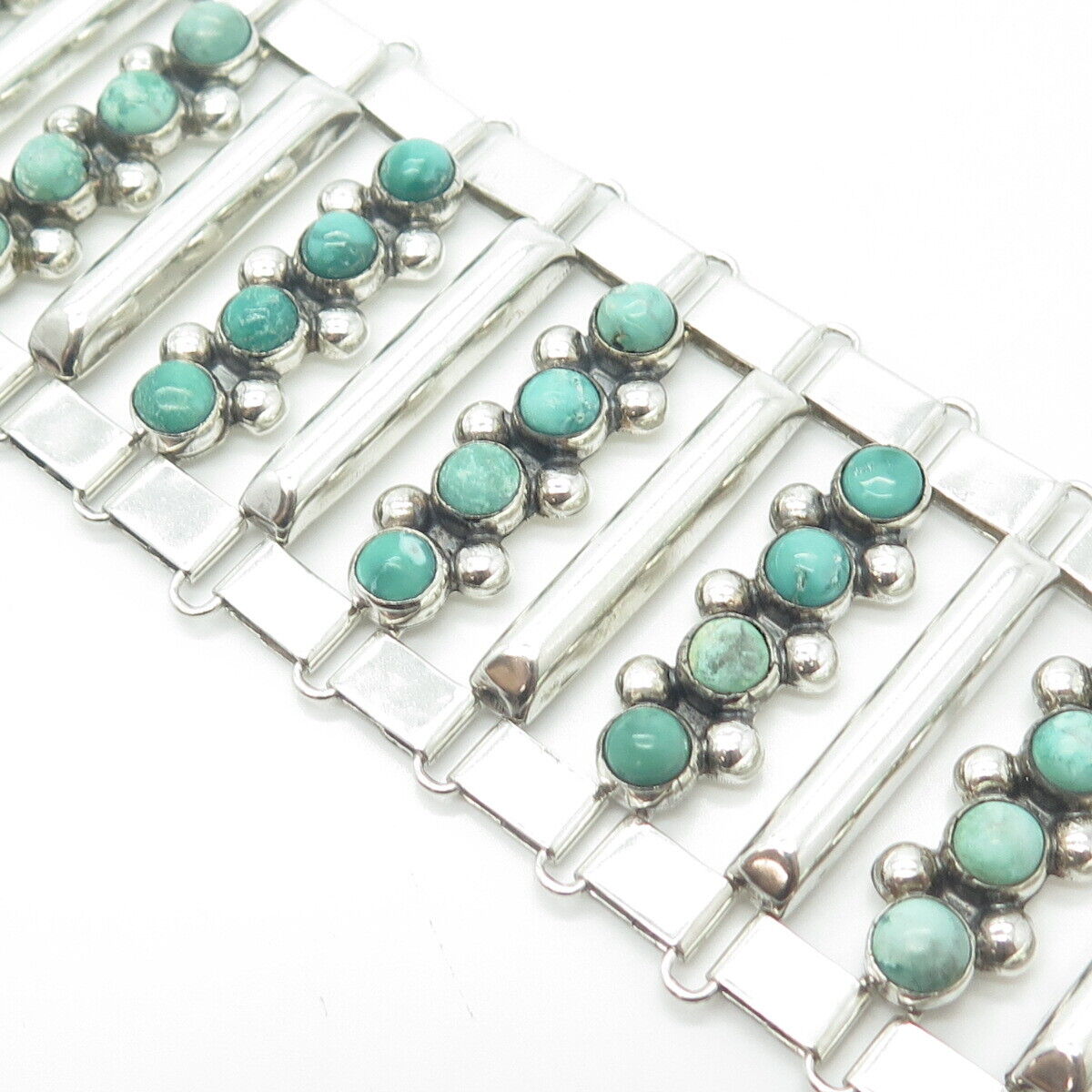 925 Sterling Silver Vintage Mexico Turquoise Gem Panel Link Heavy Bracelet 7.5"