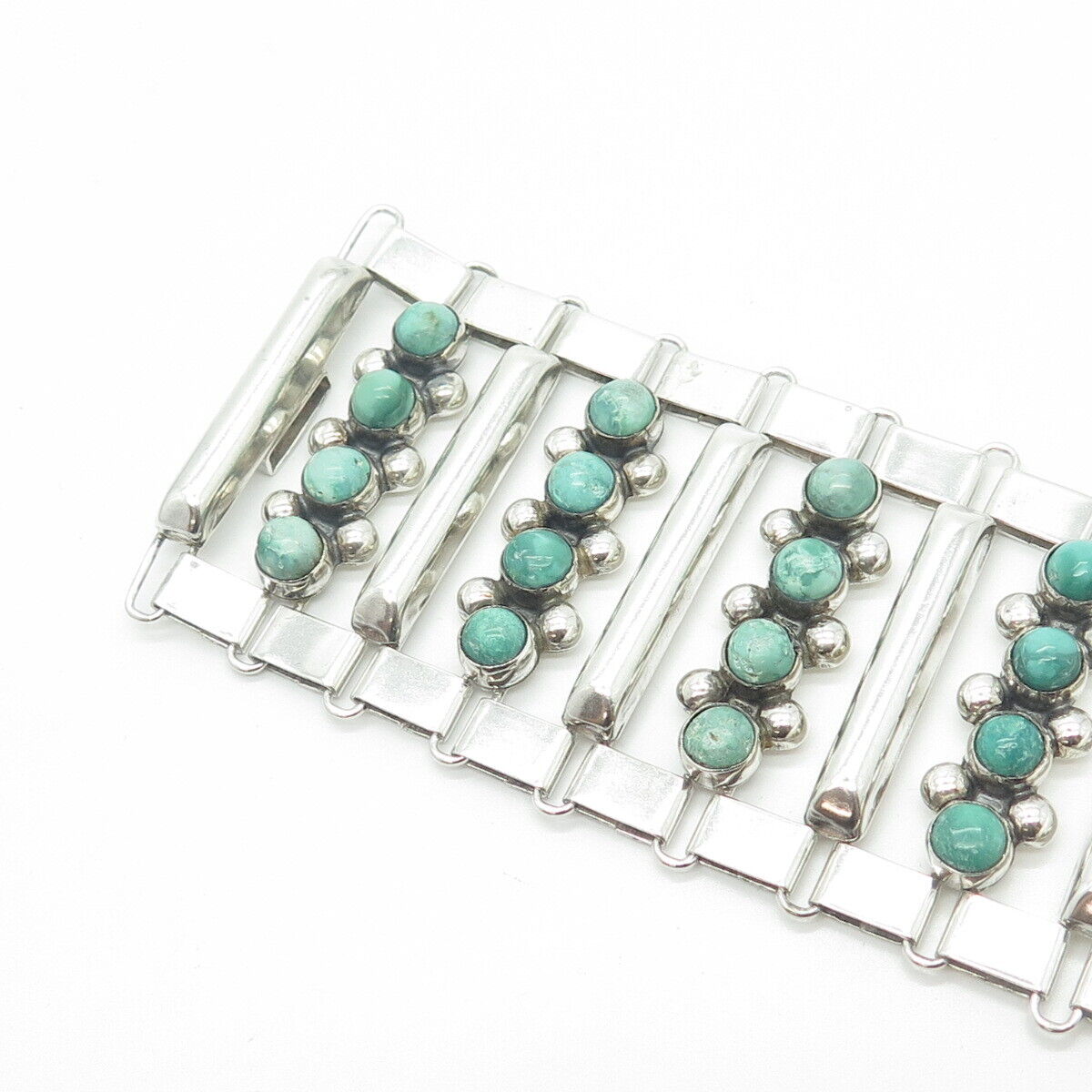 925 Sterling Silver Vintage Mexico Turquoise Gem Panel Link Heavy Bracelet 7.5"